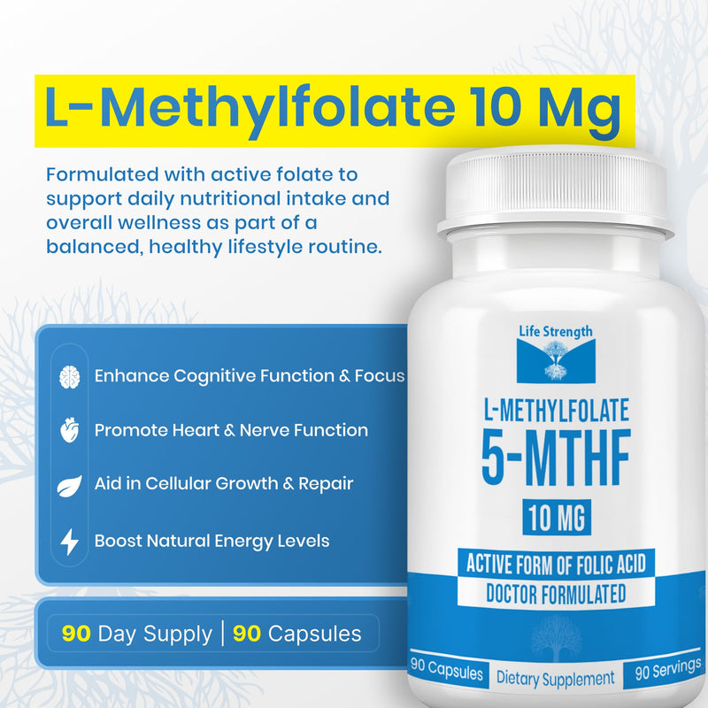 L Methylfolate 10mg | 90 Capsules | Optimized & Highly Bioactive Methyl Folate Supplement | 5-MTHF Supports for Energy, Focus & Mood | Non-GMO, Gluten Free, Vegan | 3 Month Supply 10 mg