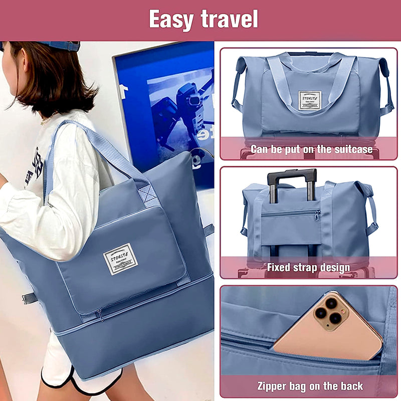 Storite Foldable Travel Duffle Bag, Blue, 40x23x30 cm | Water Resistant Nylon, Expandable Design, Lightweight, Spacious Storage, Travel, Gym, Shopping, Weekend Trips