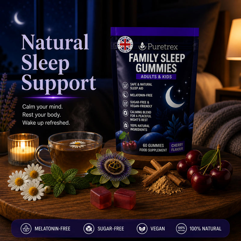 Puretrex Sleep Gummies for Kids and Adults, 60 Cherry Gummies, Natural Calming Blend with Magnesium Ashwagandha L-Theanine Chamomile Passionflower, No Melatonin, Sugar Free, Vegan, UK Made