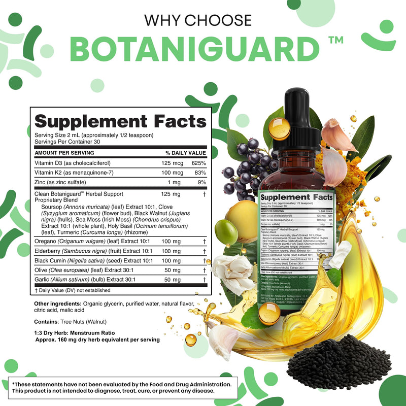 [Australia] - Clean Nutra Oil of Oregano Drops Black Seed Oil Elderberry Vitamin D D3 K2 Olive Garlic Immune Support Supplement Wellness Formula Zinc Supplements Liquid 2 Fl Oz BotaniGuard Vegan, Non-GMO 