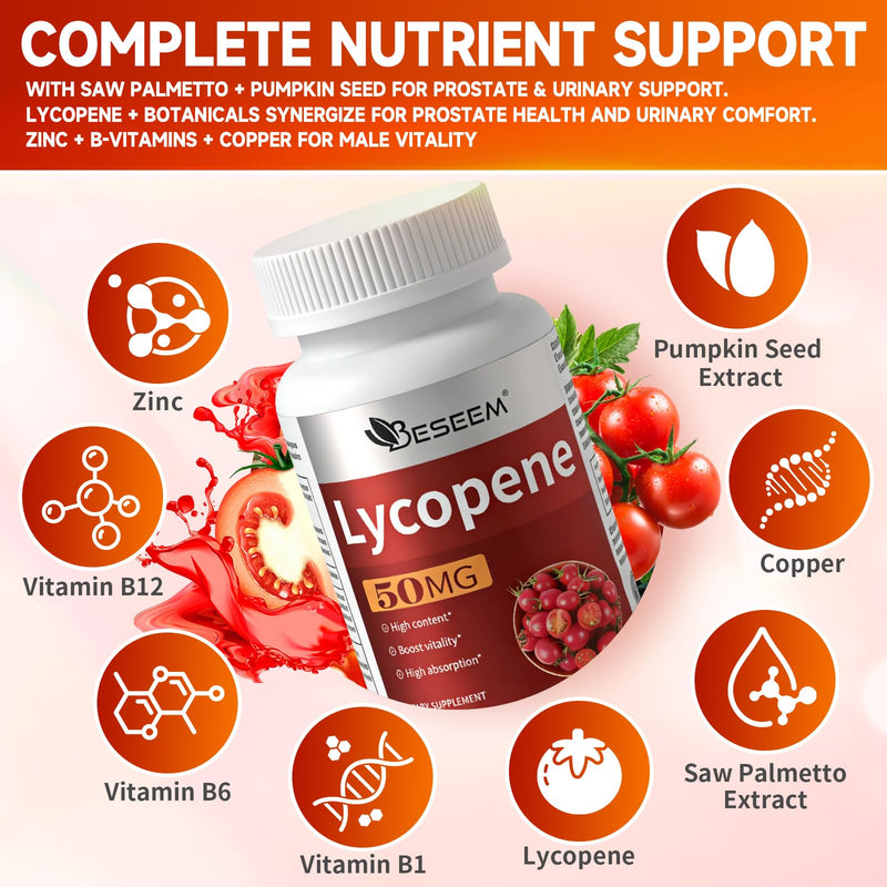 Men‘s Lycopene Softgels with Saw Palmetto & Pumpkin Seed Oil – Prostate Health Support & Nutrient Complex with Zinc, Vitamin B6, B12, Copper – 60 Capsules