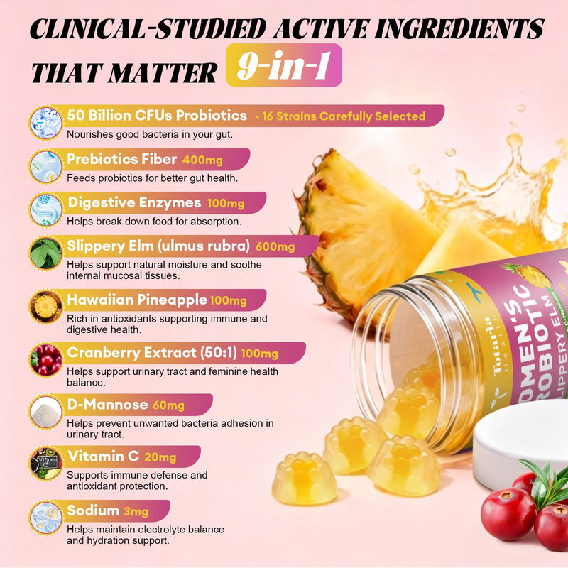 2PCS 9-in-1 Sugar Free Feminine Probiotics Gummies - pH Balance, 50 Billion CFU Vaginal Probiotic Gummies w/ Prebiotic, Slippery Elm, Cranberry, for Vaginal, Urinary Tract, Gut, Hawaiian Pineapple 60 Count (Pack of 2)