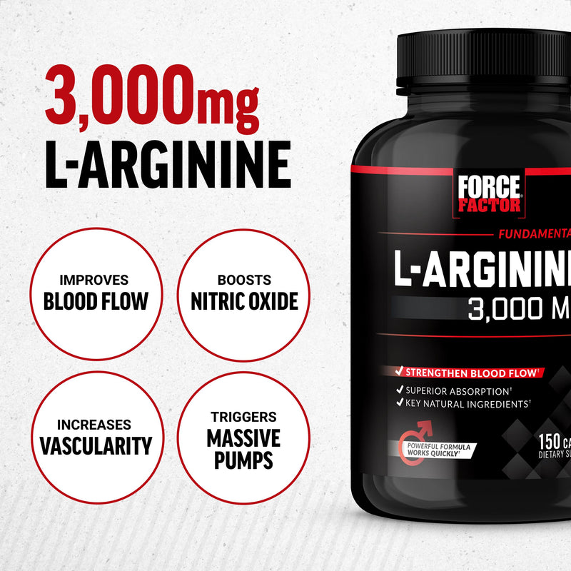 [Australia] - FORCE FACTOR L-Arginine Nitric Oxide Supplement with BioPerine to Help Build Muscle and Support Stronger Blood Flow, Circulation, Nutrient Delivery, and Pumps, L-Arginine 3000mg, 3g, 150 Capsules 150 Count (Pack of 1) 