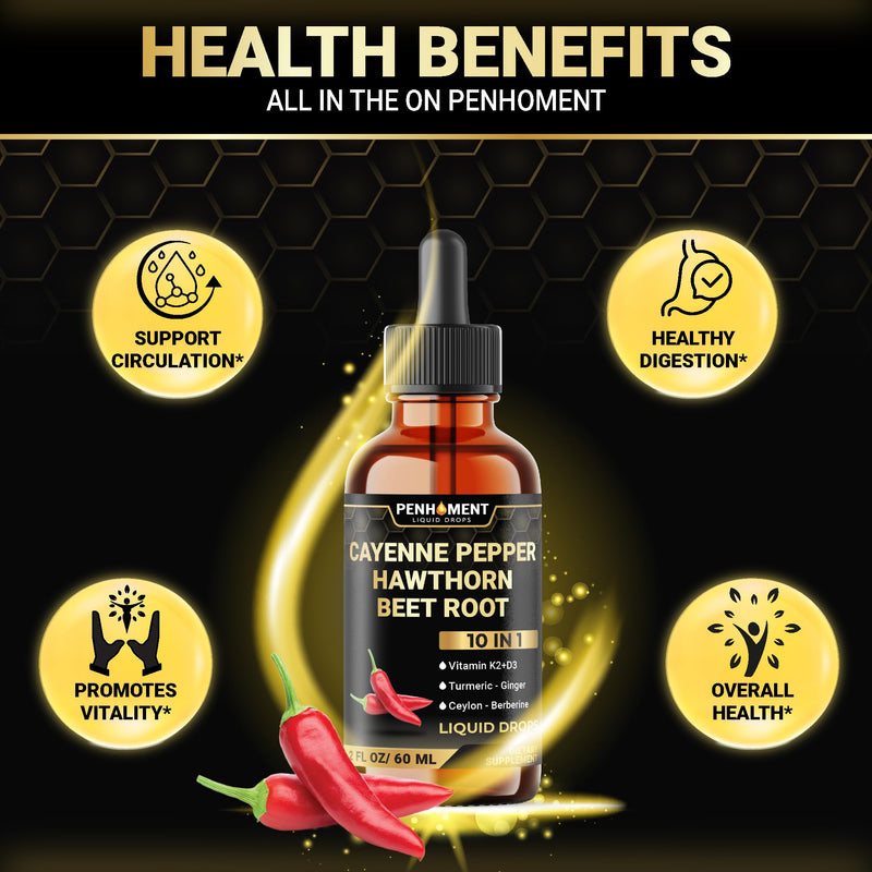 [Australia] - 10in1 Cayenne Pepper Liquid Drops + Hawthorn Berry, Vitamin D3 K2, Beet Root, Turmeric, Ginger and More - Digestion Support - 2 Fl Oz - 2 Months Supply 2 Fl Oz (Pack of 1) 