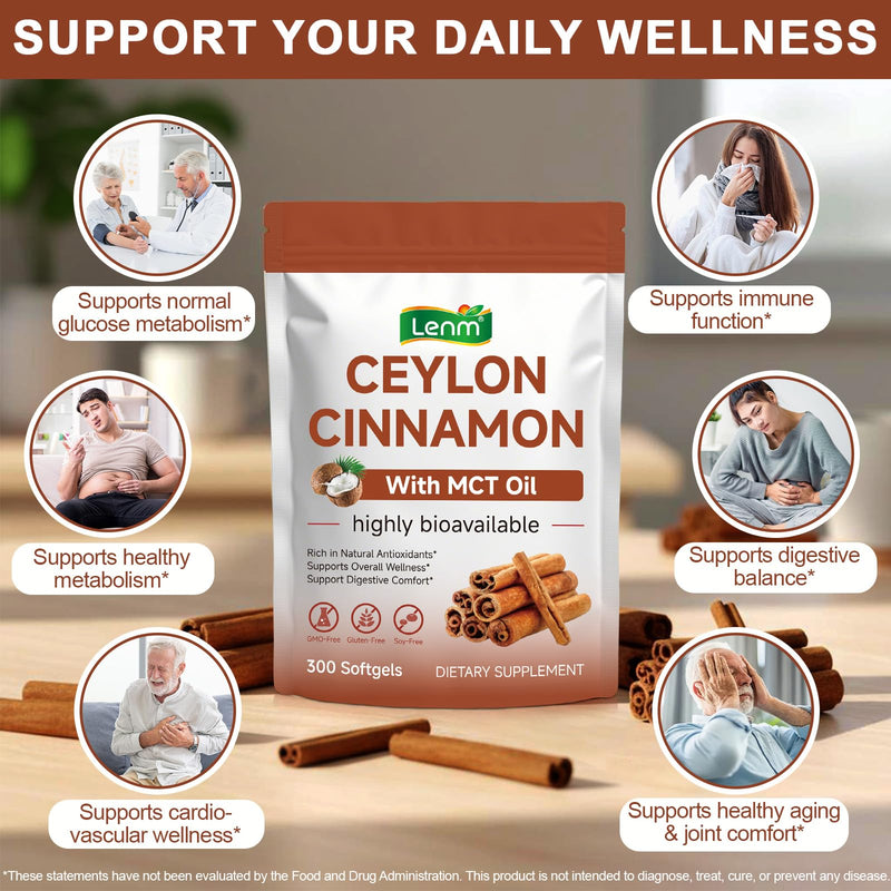 Ceylon Cinnamon SoftGels with MCT Oil, 600mg Cinnamomum Verum Extract for Metabolism Support & Digestive Comfort,Gentle Daily Wellness Support – Non-GMO & Gluten Free - 300 Vegan