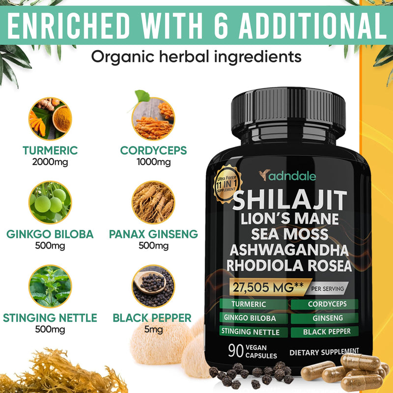 [Australia] - Shilajit Pure Himalayan Organic. 11-in-1 Shilajit for Men. Shilajit Capsules with Sea Moss Himalayan Shilajit Ashwagandha Rhodiola Rosea Panax Ginseng Turmeric Lion’s Mane Ginkgo. 27’505 mg/Serving 