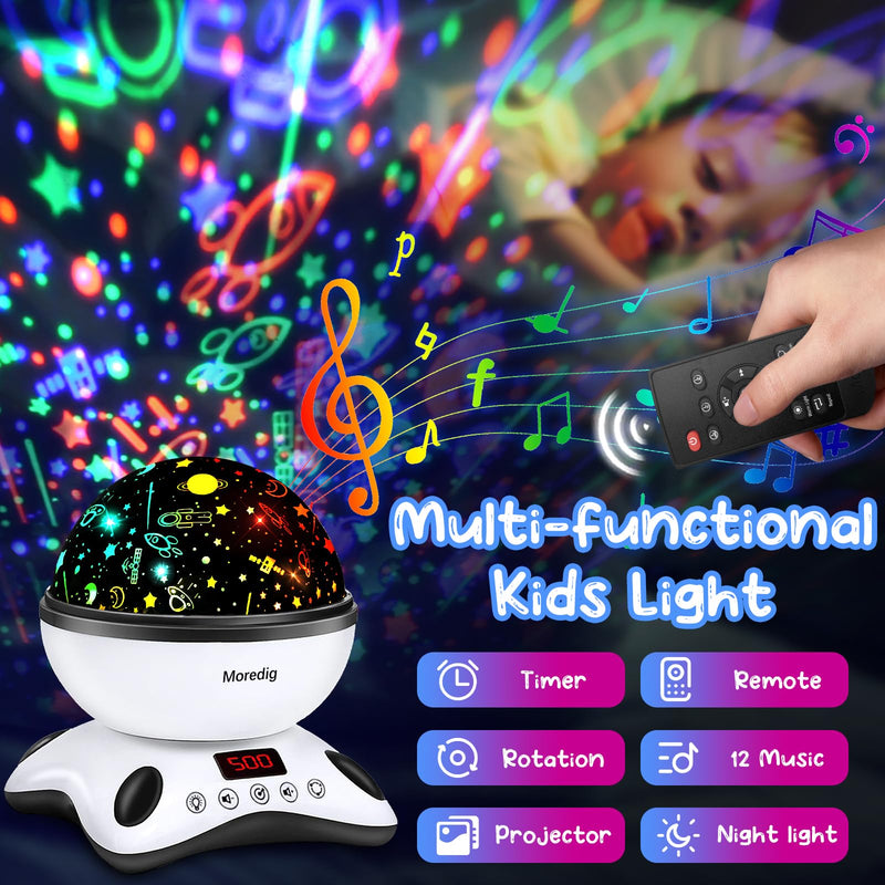 [Australia] - Moredig Kids Night Light Projector, Remote Baby Night Lights for Kids Room with 12 Music Nursery Night Light Projector for Kids Timer 2 Projections 18 Light Modes, Gifts for Baby Kids - Black Black White 