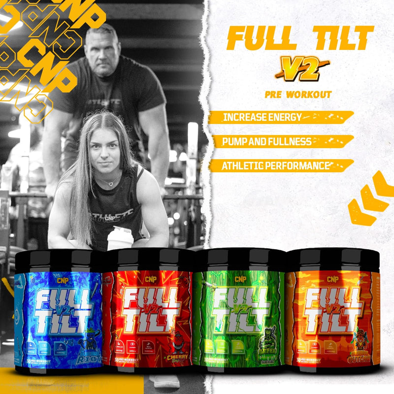 CNP Professional Full Tilt V2, Very Strong High Stims Ultimate Pre-Workout, Fatigue Reduction, Great Pumps, High Caffeine Content, 30 Servings, 4 Exclusive Flavours (570g Orange Outlaw) 570g
