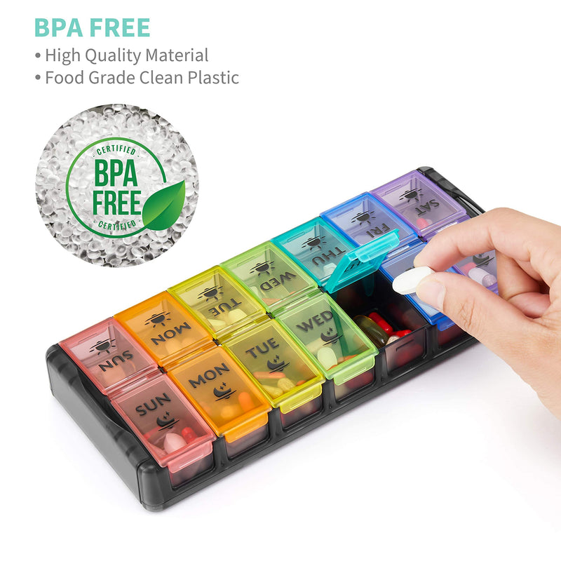 FGcase Large Pill Organizer 2 Times a Day 7 Day AM PM Pill Box Organizer with Lock, Easy Fill and Detachable Design, Travel Medicine Box for Vitamins and Pills, Black Rainbow