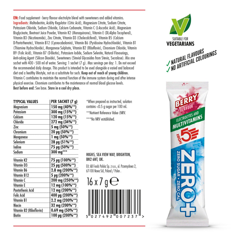 HIGH5 Zero+ Electrolytes Hydration Sachets with Multivitamins - Sugar Free Electrolytes Powder with 22 Vitamins & Minerals - On-the-Go Rehydration Sachets for Daily Energy (Berry, 16 x 7g) Berry