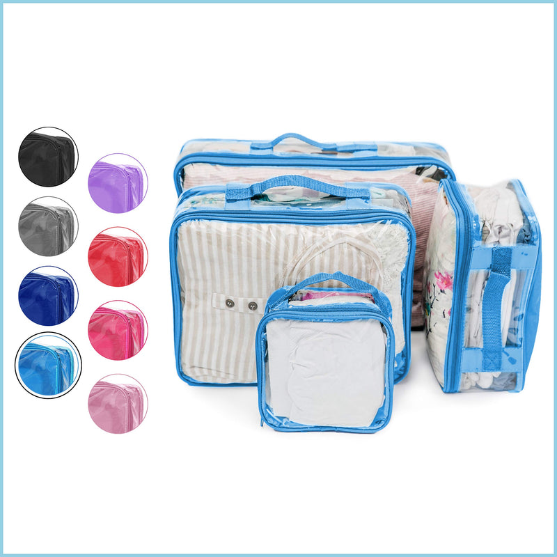 Clear Packing Cubes set of 4 / Packs 7-10 Days of Clothes/Premium PVC Plastic Storage Bags Turquoise Blue