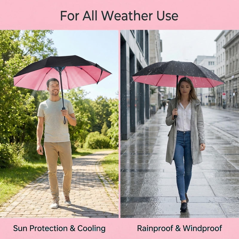 Sun Folding Umbrella with Built-in Fan, UPF 50+ Umbrella | USB Rechargeable, Portable UV Blocking Fan Umbrella for Rain, Hot Days, Beach and Sports pink