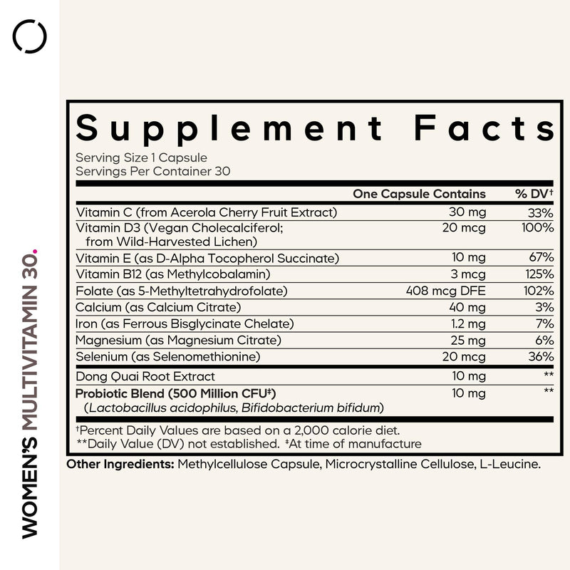 Codeage Women’s Multivitamin - Vitamins A, C, D3, E, B6, B12, Folate, Calcium, Magnesium, Iron, Dong Quai, Probiotics - 1 Capsule Per Serving - Daily Vitamin Pills for Women - Non-GMO - 30 Capsules