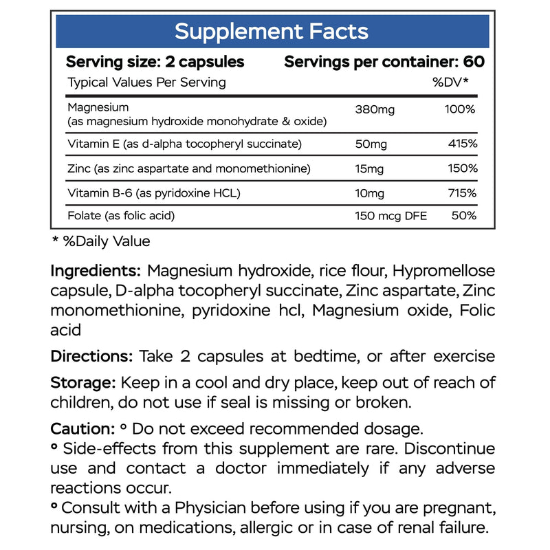 Magnesium Supplement MGSPORT with Zinc,Vitamins B6, B9, D, E - Immune Support, Muscle Recovery, EZ on Stomach - 120 Capsules