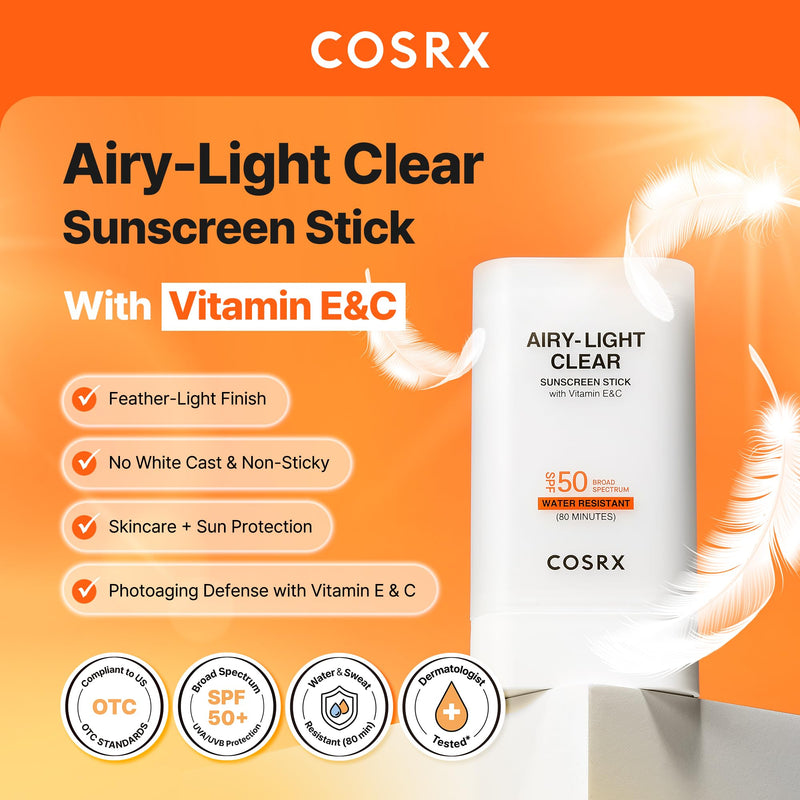 COSRX Airy-Light Clear Sunscreen Stick with Vitamin E&C, SPF 50, 0.67 oz | Korean Suncreen Stick Suncare Sunblock, Lightweight, No White Cast, Water resistant, Oil Control Matte Sunscreen for Face Vitamin E&C Sunscreen Stick (1 Pack)