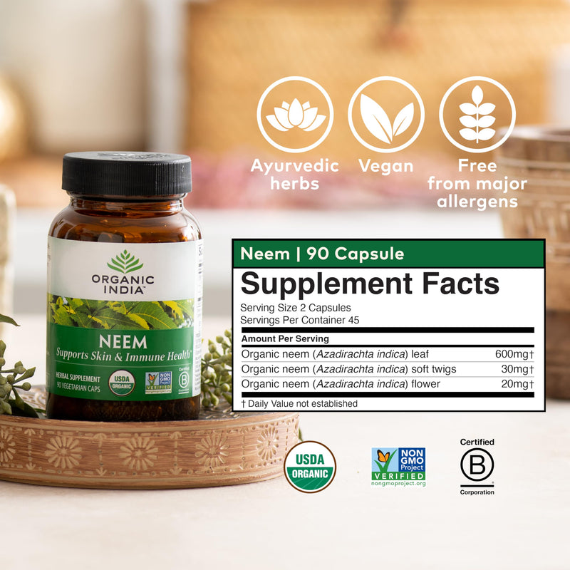 [Australia] - ORGANIC INDIA Neem Leaf Capsules, Herbal Supplement - Supports Skin, Immune, & Liver Health, Detox, Vegan, Gluten-Free, USDA Certified Organic - 180 Capsules 180 Count (Pack of 1) 