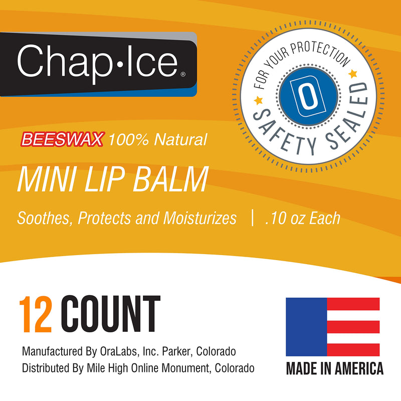 Chap-Ice® | 12-Count Beeswax-based Peppermint Mini Lip Balm - Fortified with Vitamin E for Dry, Cracked Lips | Made in USA