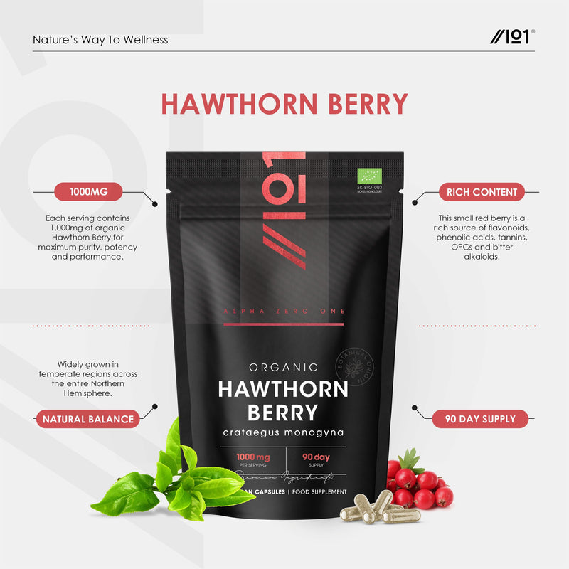 Organic Hawthorn Berry 1000mg – 180 Vegan Capsules – High Strength Crataegus Monogyna Supplement – Clean & Potent Formula – Resealable and Recyclable Pouch by Alpha01 1 count (Pack of 180)