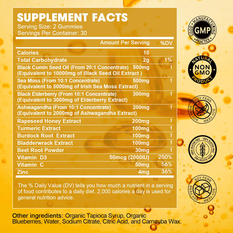 [Australia] - Black Seed Oil & Sea Moss Gummies, 2Pack Irish Sea Moss Gummies with Black Seed Oil, Ashwagandha Extract, Elderberry, Turmeric, Vitamin C, Vitamin D3 - Immune Support, Joints, Digestion, Hair & Skin 120 Count (Pack of 1) 