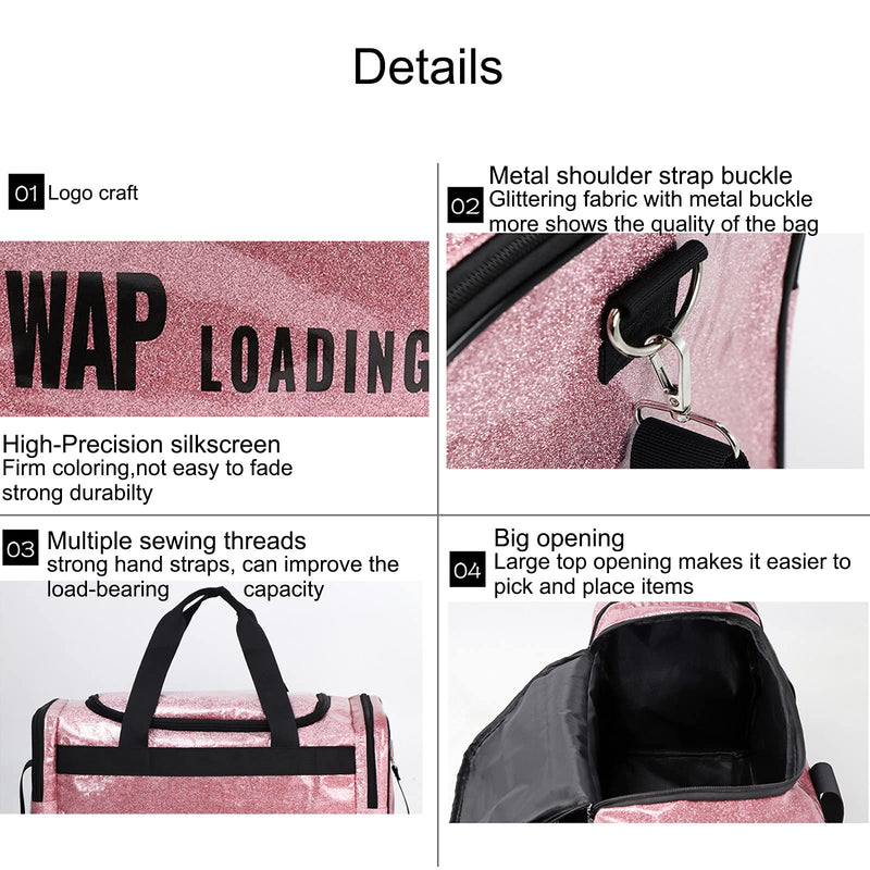 Spennanight Bag Reinforced Portable Wap Loading Glitter Duffle Bag Gym Travel Bags Luggage Overnight Bag for Women Pink