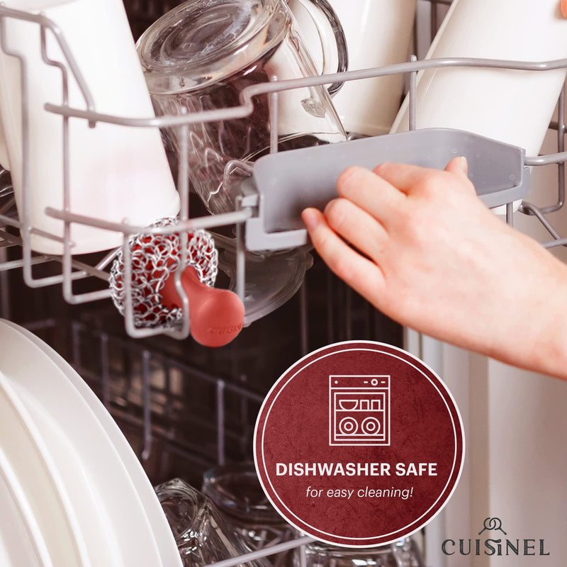 [Australia] - Cuisinel Cast Iron Chainmail Scrubber + Pan Scraper - The Patented Original Ergonomic Stainless & Silicone Pot & Skillet Cleaner - Premium Food-Safe Design - Easy Clean Dishwasher Safe Cookware Sponge Standard Red Chainmail + Scraper 