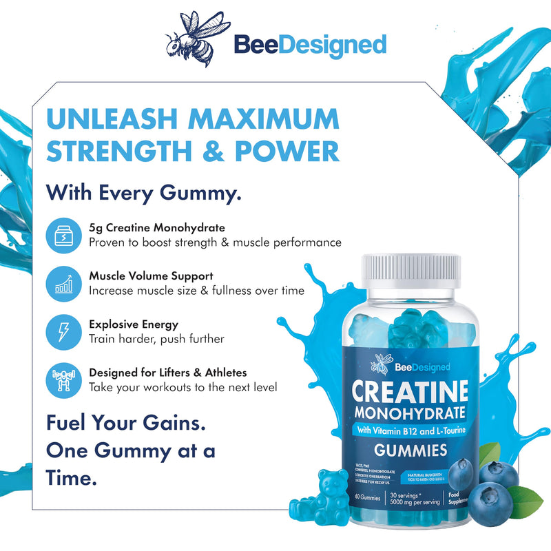 5000mg Creatine Gummies Max Strength (60 Count) - Creatine Monohydrate with Betaine & L-Taurine for Muscle Growth & Recovery - Vegan, Sugar-Free Gym Supplement, Blueberry