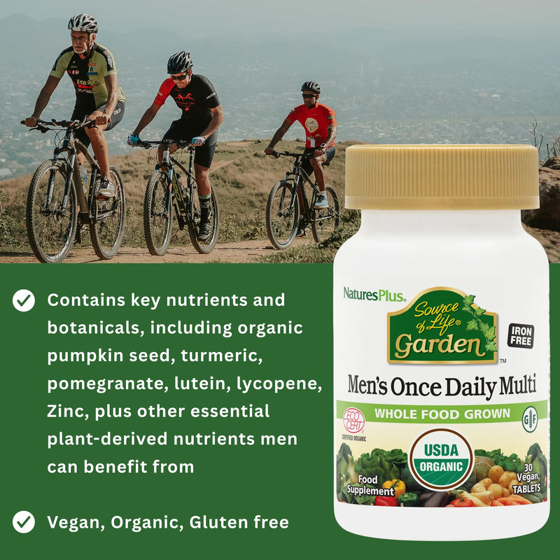 NaturesPlus Source of Life Garden Men Once a Day - Organic Vegan Multivitamin for Men - Energy, Immunity, T Booster - Zinc, Selenium, Pomegranate, Lycopene - Gluten Free - 30 Tablets 30 count (Pack of 1)