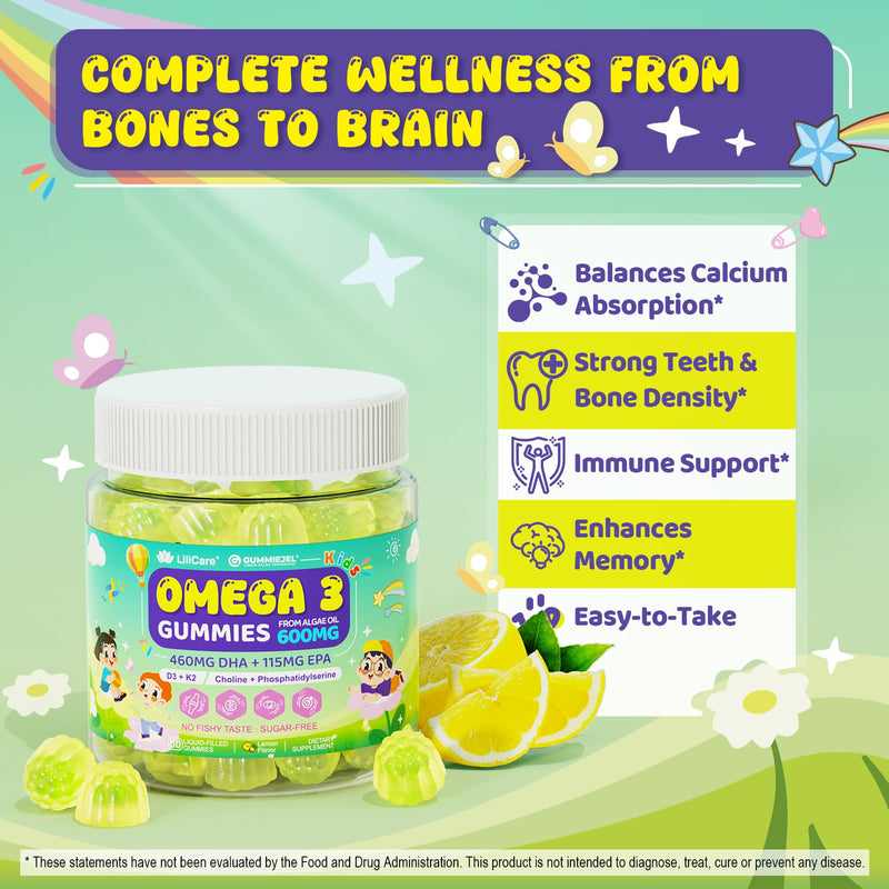 [Australia] - Kids Omega-3 Gummies for 4+, Algae Oil DHA & EPA with Vitamin D3 K2, Choline & PS, Vegan Fish Oil Supplements for Brain, Bone, Cognitive & Immune Health, No Fish Taste, SugarFree, Lemon Flavor, 60Cts 60 Count (Pack of 1) 