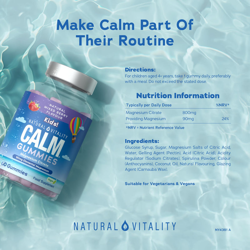 Kids Magnesium Gummies | 2-Month Supply | Calm Magnesium Citrate Supplement | 90mg of Elemental Magnesium | Vegan | Natural Mixed Berry Flavour | 60 Count | Natural Vitality