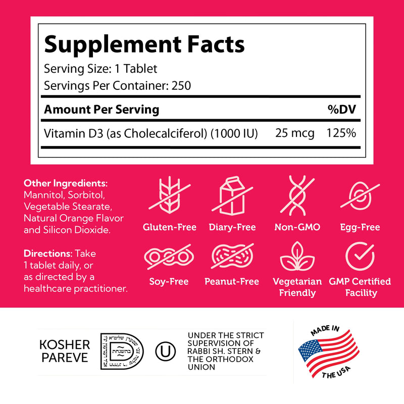 Zahler Junior D3 Vitamins 1000 IU - Chewable Vitamin D3 for Kids to Support Bone, Teeth & Immune Health - Kosher Orange Flavor - 250 Count 250 Count (Pack of 1)