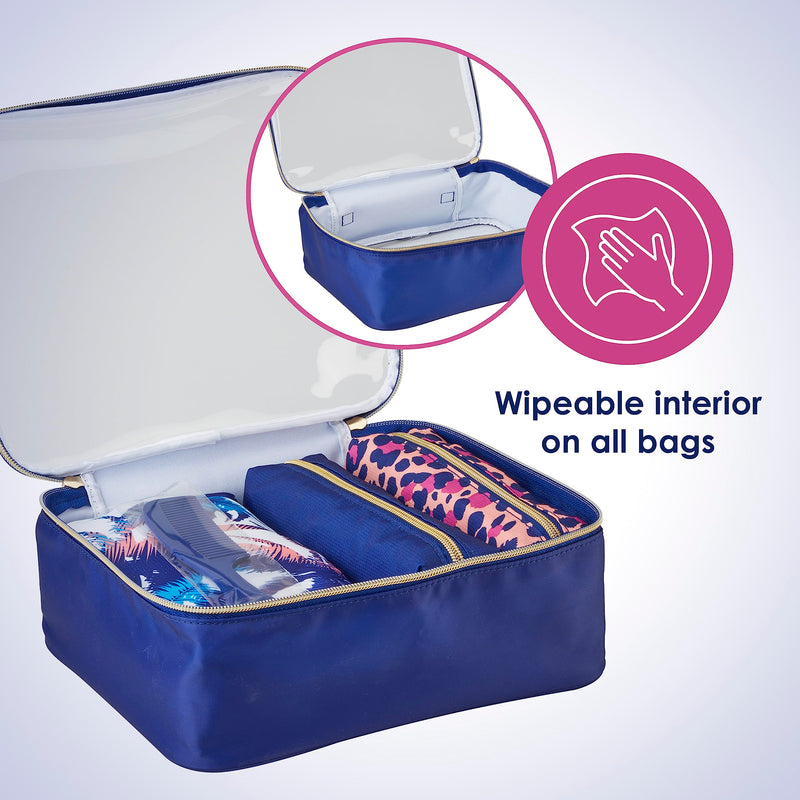 Conair 5 Piece Toiletry and Cosmetic Bag Set Under $30, Includes 4 Makeup Bags and 1 Travel Comb in Blue Palm Prints (Pack of 2) 1 Count (Pack of 2)