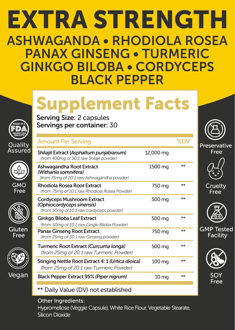 [Australia] - Lunakai USA Made Pure Shilajit Capsules with Ashwagandha, Rhodiola & Cordyceps - Extra Strength Shilajit Extract for Men & Women, 60ct Capsules - Single Bottle 