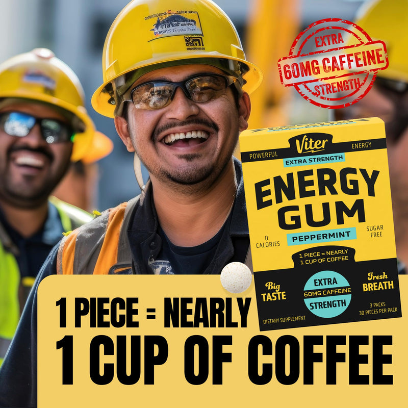 Viter Energy 60mg Caffeine Gum (Peppermint Flavor, 30 Pieces, 3 Pack) - Sugar Free, Vitamin B3, B6, B9, B12, Zero Calories, Caffeinated Energy Chews, Nootropic Focus Supplement for Men & Women Peppermint 30 Count (Pack of 3)