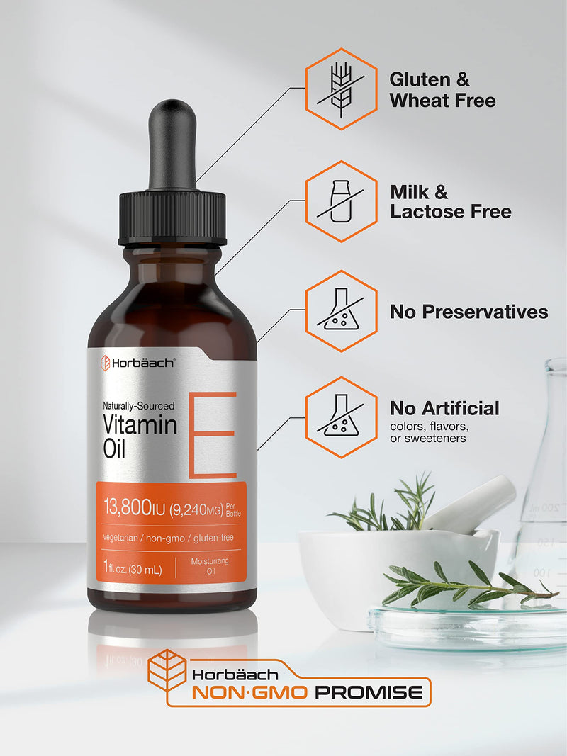 Horbäach Vitamin E Oil | 13,800 IU | 1oz | for Face and Skin | Naturally Sourced Liquid Supplement | Vegetarian, Non-GMO, and Gluten Free Formula