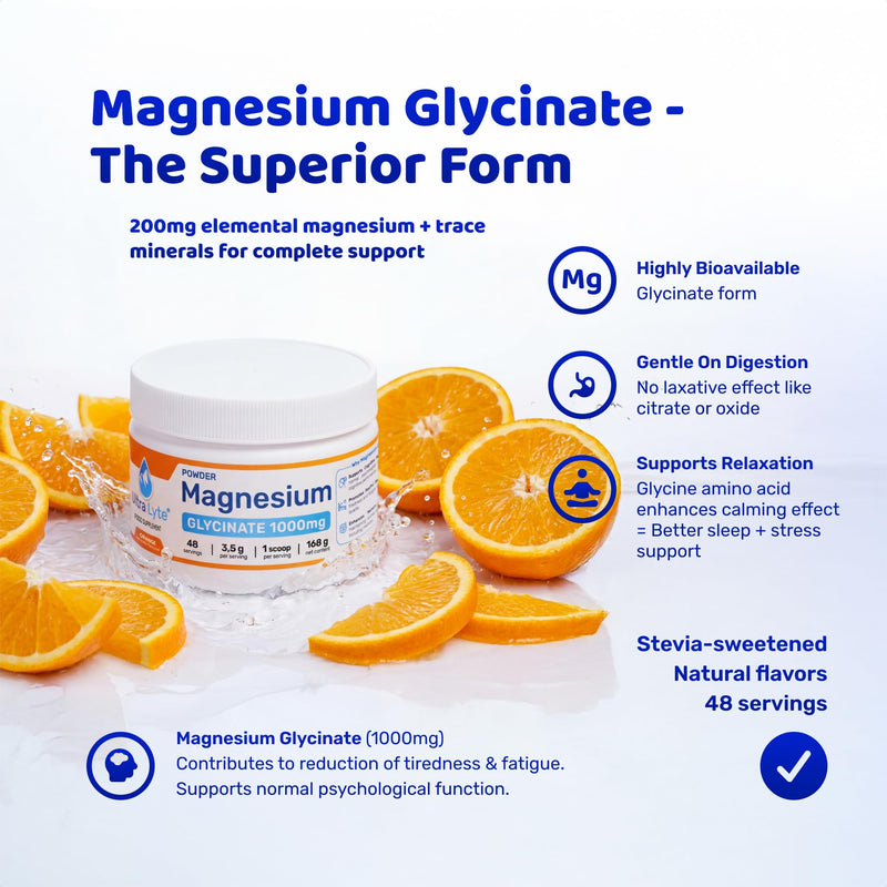 Ultra Lyte Magnesium Glycinate Powder with Trace Minerals 180g – Vegan & Gluten-Free Flavoured Magnesium Supplement – for Sleep Aid, Stress Relief & Muscle Relaxation – 60 Servings (180g, Orange) 180 g (Pack of 1)
