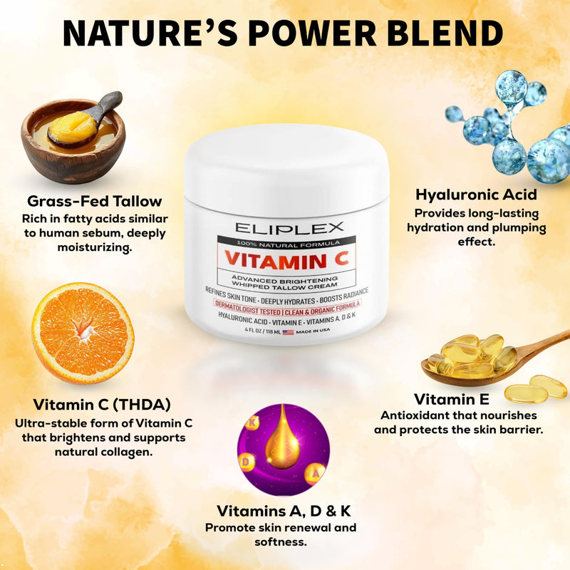 Whipped Tallow Cream – Vitamin C + Hyaluronic Acid | Grass-Fed Tallow, Deep Hydration & Glow | Regenerative Face & Body Balm | 4 oz.