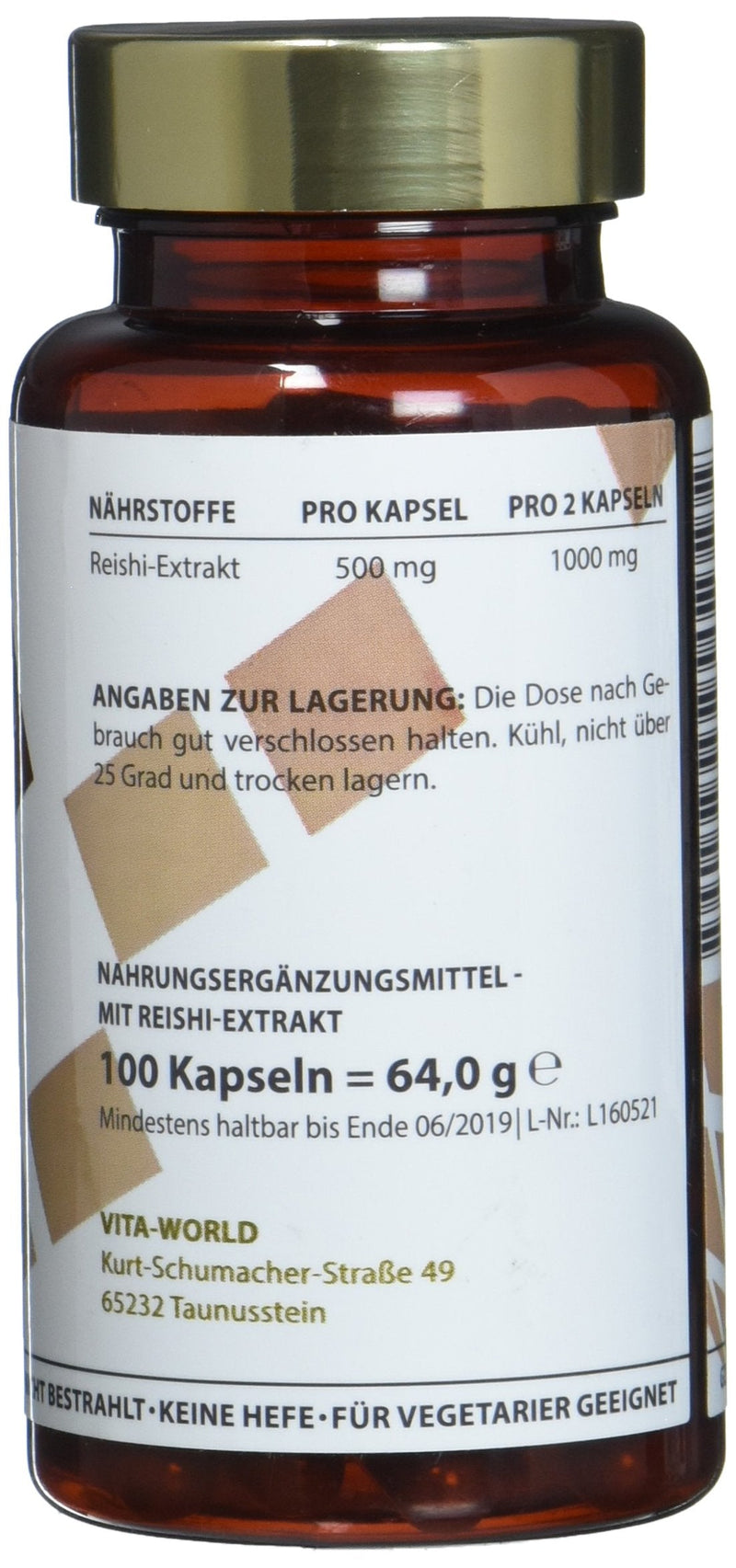 [Australia] - Vita World Reishi Extract 500 mg 100 capsules Apothecary Manufacture Vegan Ganoderma Lucidum Ling Zhi 
