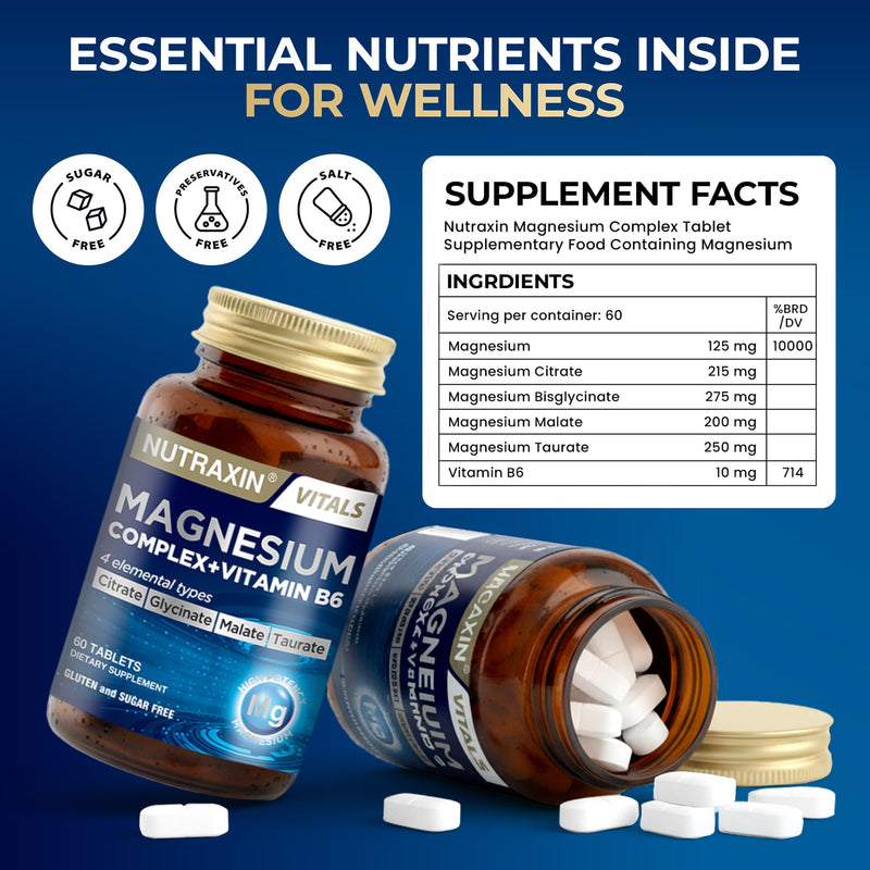Nutraxin 4-in-1 Magnesium Complex (125g Elemental) + Vitamin B6 for Energy, Muscle Function, Bone & Fatigue - 60 Tablets with Magnesium Citrate, Bisglycinate, Malate & Taurate - Vegetarian Formula Magnesium Complex + Vitamin B6