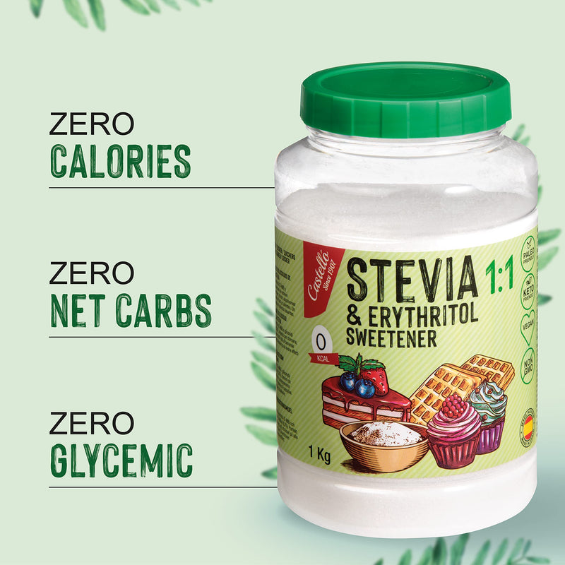 [Australia] - Stevia + erythritol 1:1 sweetener | 1g = 1g sugar | 100% Natural Sugar Substitute - 0 Calories - 0 Glycemic Index - Keto and Paleo - 0 Net Carbs - No GMO - Castello since 1907-1 kg 