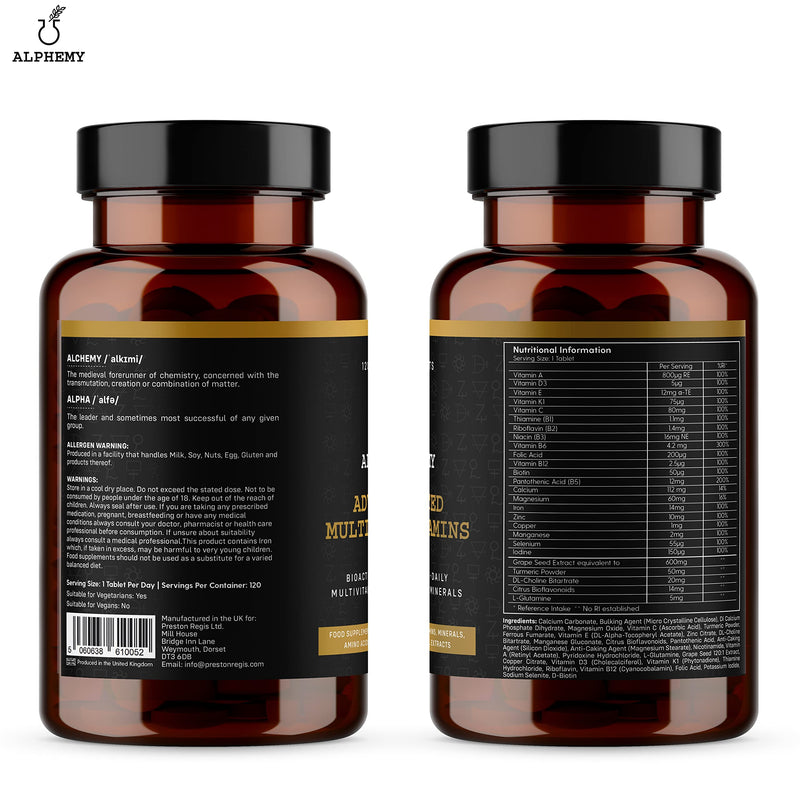Advanced Multivitamin & Minerals | 120 Tablets / 4 Month Supply | 26 A-Z High Strength Bioactive Vitamins, Minerals, Antioxidants & Herbal Extracts. Daily Supplement for Men & Women. UK Made Alphemy