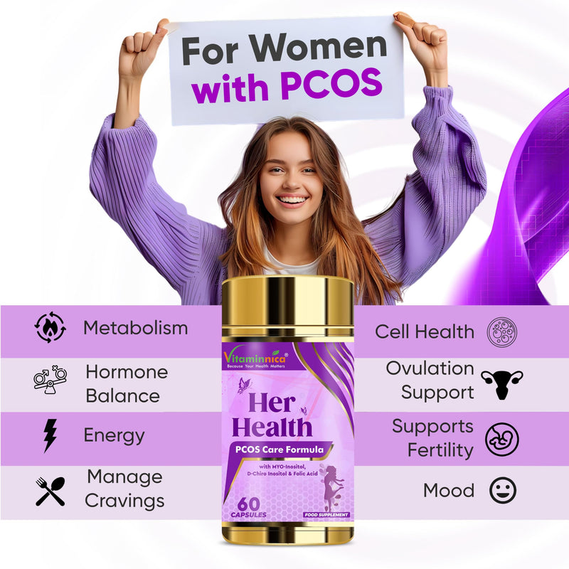 Vitaminnica Her Health PCOS Care | Myo-Inositol & D-Chiro inositol with Folic Acid | Assist Weight Management & Curb Diet Cravings| Improves Hormonal Balance | 60 Vegan Capsules 2 Months Supply