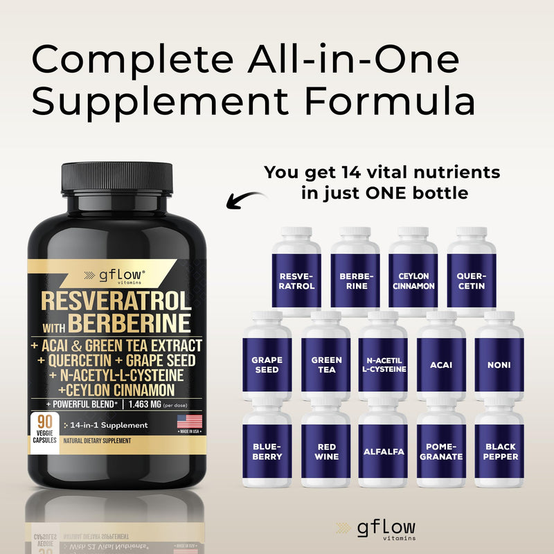 [Australia] - Resveratrol Supplement - 6000mg Max Strength with Berberine 3000mg Ceylon Cinnamon 1000mg Quercetin 2000mg, n Acetyl cysteine, Green Tea Extract, Acai - 14-in-1 Complex, 100% Natural 
