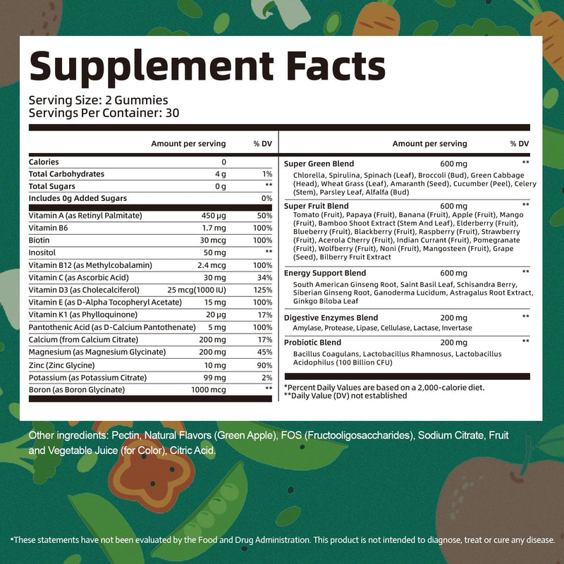 [Australia] - 61-in-1 Supergreens Daily Gummies for Women and Men, Multivitamin Superfood Gummy with Probiotics for Metabolic, Energy, and Digestive Health, Sugar Free, Green Apple Flavor, 60 Count 