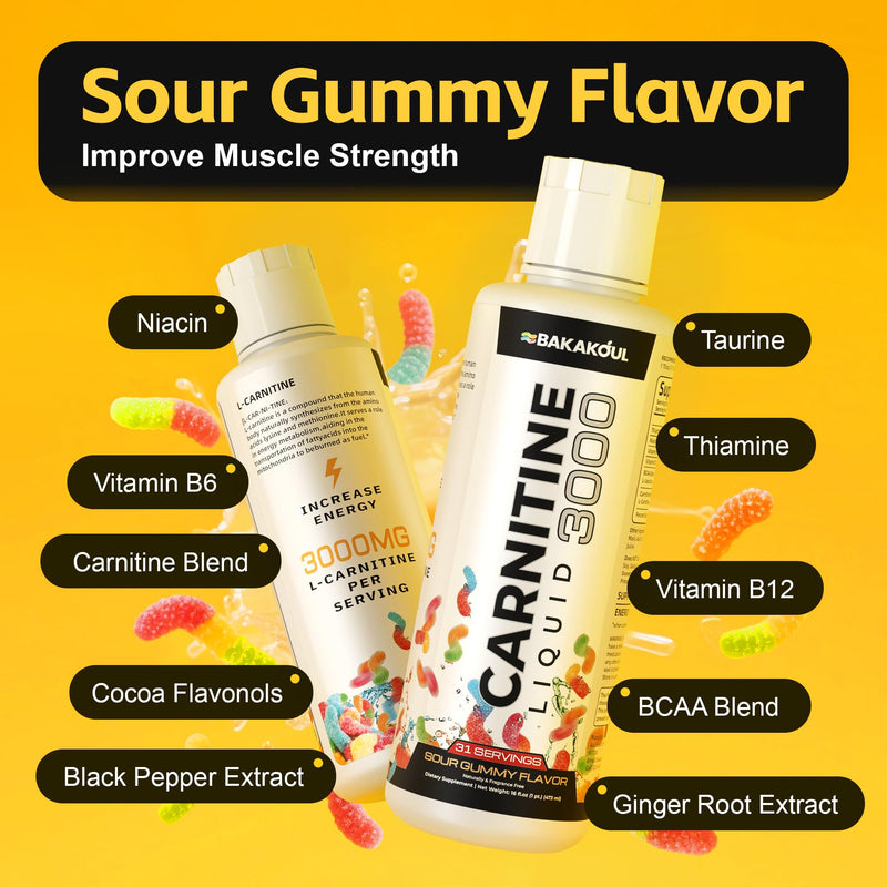 [Australia] - L Carnitine Supplement Liquid 3000, with BCAA Sports Supplements, Help Support Energy Boosts, Support Muscle, Efficient Formula with Acetyl Rapid Absorption, Sustained Energy, Sour Gummy Flavor 