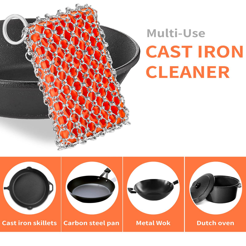 [Australia] - [Dual-use] Cast Iron Scrubber Cleaner-Stainless Steel Chain Mail | Silicone Support Chainmail Scrubber-Detachable Cast Iron Pan Pot Skillet Griddle Cleaning Kit-Scrubbing Pad to Clean Dutch Oven, Wok 316L Chain Mail Wrap+ Orange Silione pad 
