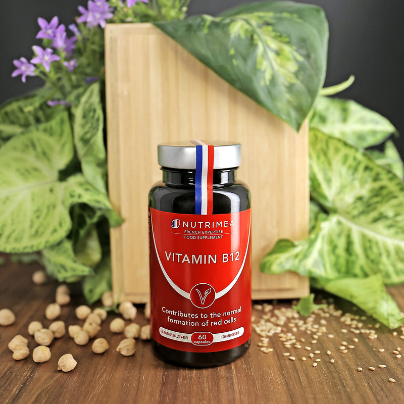 Vitamin B12 1000mcg High Strength - Cyanocobalamin Formula from Bacterial Fermentation - 60 Vegan Capsules - Gluten Free - Lactose Free - French Expertise - Nutrimea