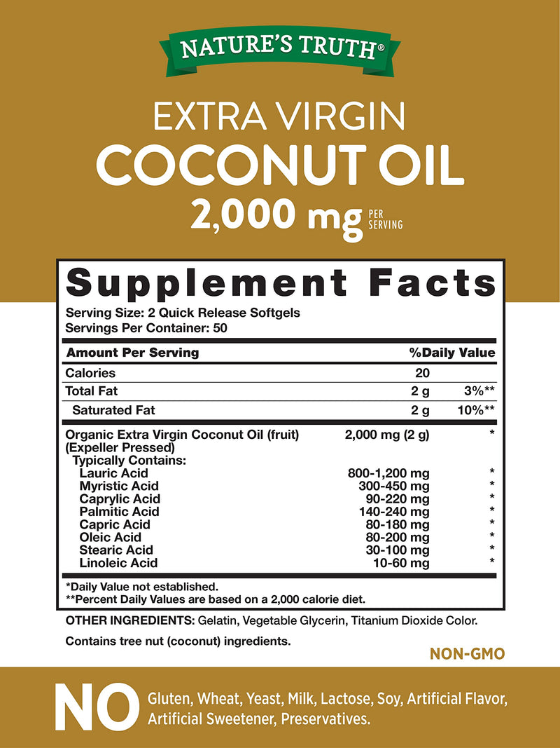 [Australia] - Nature's Truth Coconut Oil Capsules | 100 Softgels | Naturally Occuring MCTs | Non-GMO & Gluten Free 