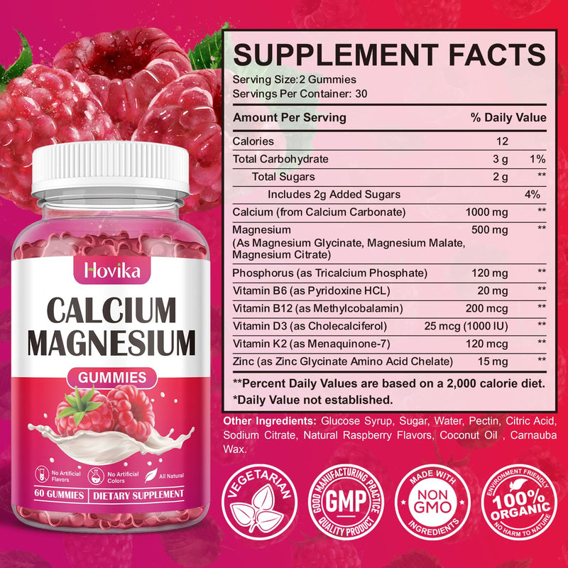 Calcium Magnesium Zinc Gummies-Calcium Magnesium 2:1 Ratio with Vitamin D3, K2, B6, B12 for Bone Strength, Muscle Function & Nerve Health, Extra Absorption Formula, Vegan, Raspberry Flavor 120 Gummies 60 Count (Pack of 2)