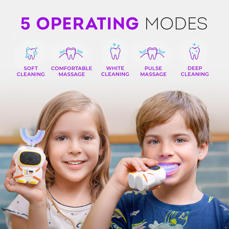 [Australia] - Sensory 360 Round U-Shaped Astronaut Design Mouthguard Electric Toothbrush for Kids Ages 2-7 - Automatic Memory Function - 5 Modes Toothbrush with Multiple Heads – Kids Travel Essentials (White) White Small 