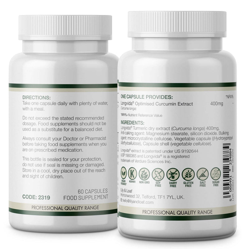 Lily & Loaf Optimised Curcumin 400mg – Organic Turmeric Supplement with Longvida® Technology – High Absorption Anti-Inflammatory & Antioxidant Support – Vegan, Gluten-Free, 30 Capsules